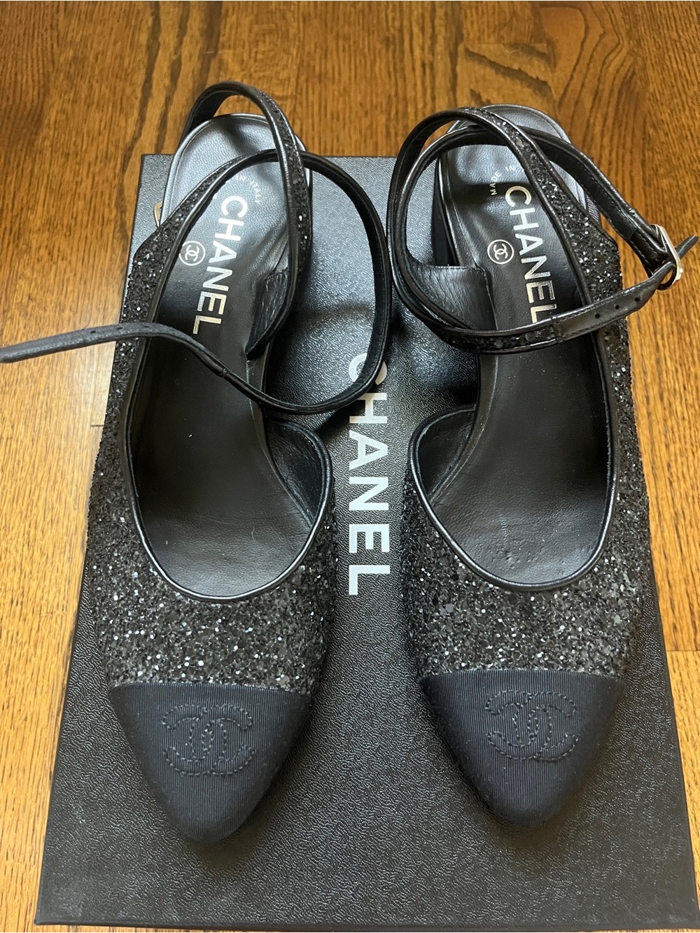 CHANEL Black Glitter Pointed Cap-Toe Ankle-Strap Pumps